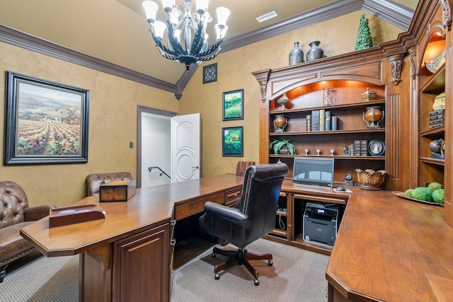 office featuring a notable chandelier, crown molding, and vaulted ceiling