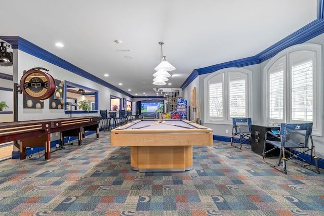 playroom with ornamental molding, pool table, and dark carpet