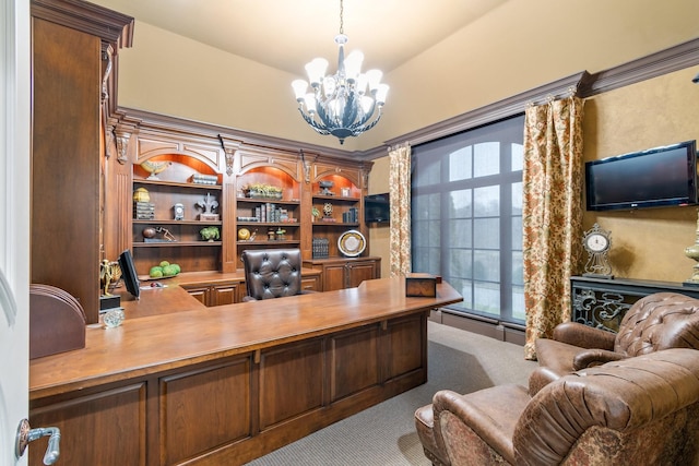 office area featuring light colored carpet and a notable chandelier