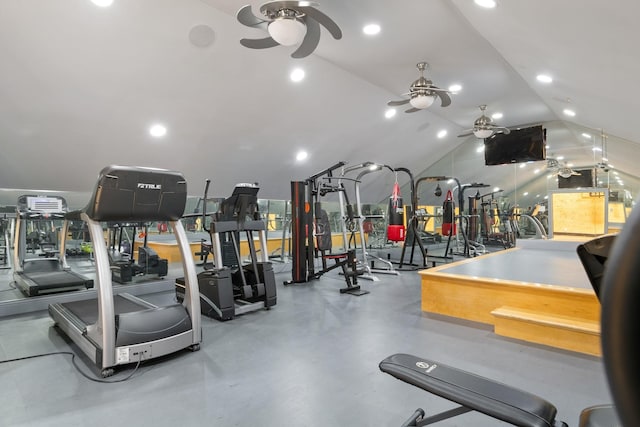 gym featuring vaulted ceiling and ceiling fan