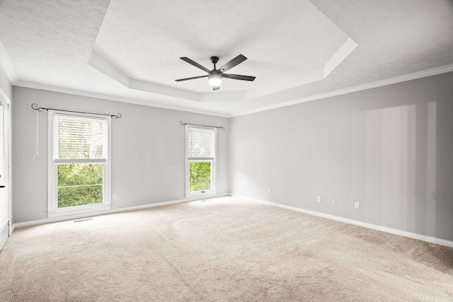 carpeted empty room with ceiling fan, crown molding, a raised ceiling, and a textured ceiling