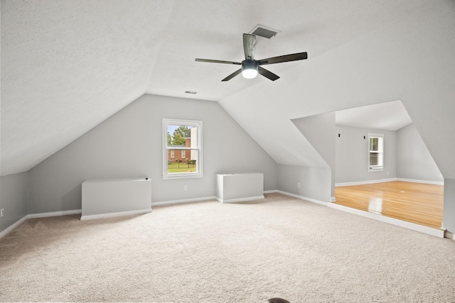 bonus room featuring carpet flooring, a wealth of natural light, and a textured ceiling