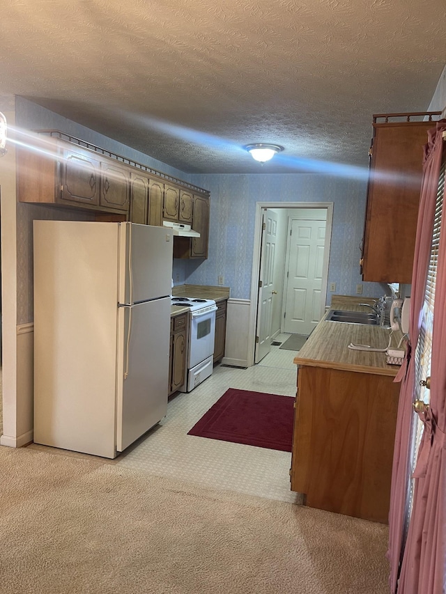 kitchen with light colored carpet, white appliances, sink, and a textured ceiling