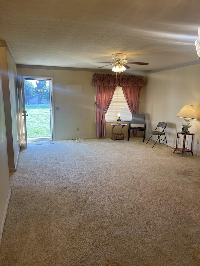 interior space featuring carpet flooring and ceiling fan