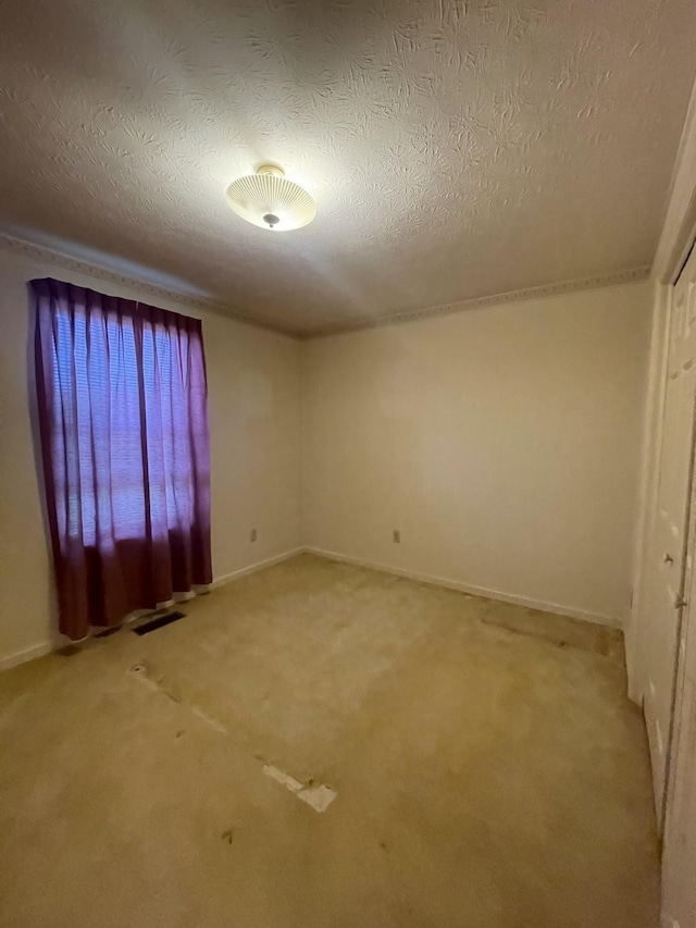 unfurnished room featuring light colored carpet and a textured ceiling