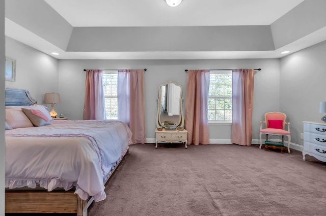 bedroom with multiple windows, a tray ceiling, and carpet floors