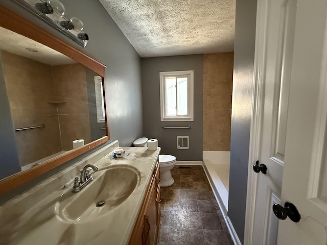 bathroom featuring vanity, walk in shower, a textured ceiling, and toilet