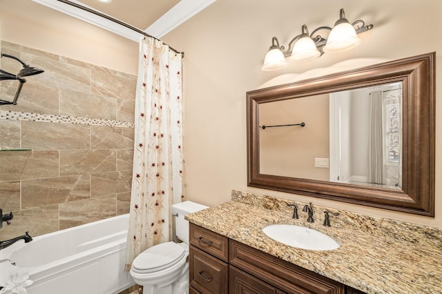 full bathroom featuring shower / tub combo, vanity, ornamental molding, and toilet