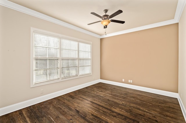 spare room featuring ceiling fan, ornamental molding, and dark hardwood / wood-style floors