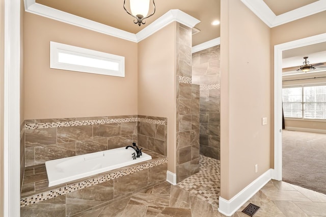 bathroom featuring ornamental molding and tiled bath