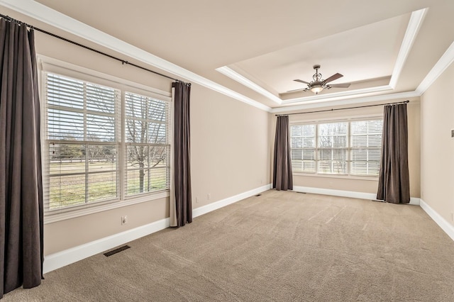 carpeted spare room featuring crown molding, ceiling fan, and a tray ceiling