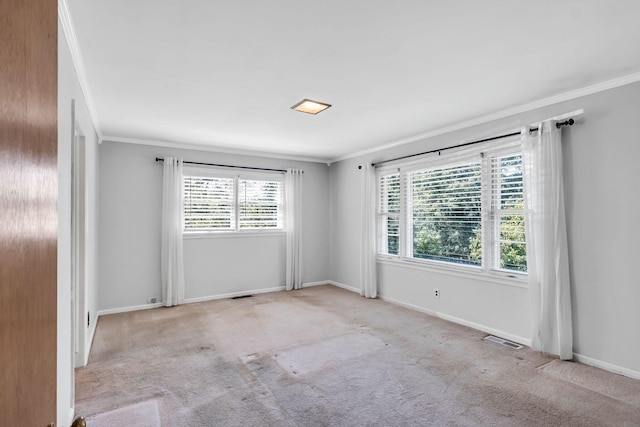 carpeted spare room featuring crown molding