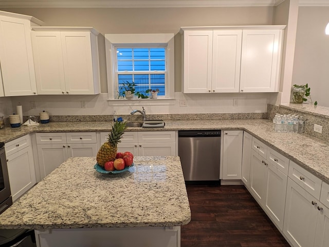 kitchen featuring white cabinetry, light stone countertops, stainless steel dishwasher, and dark hardwood / wood-style floors