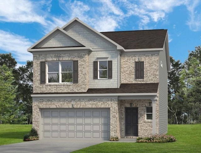 craftsman house featuring driveway, a shingled roof, an attached garage, a front yard, and brick siding