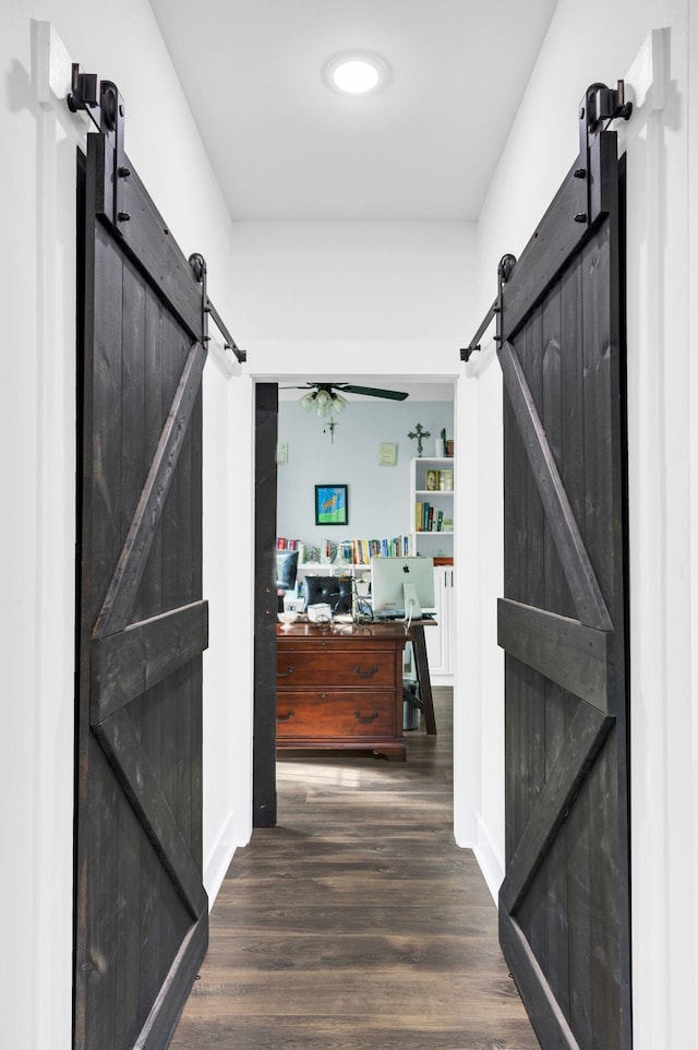 hall featuring a barn door and dark hardwood / wood-style floors