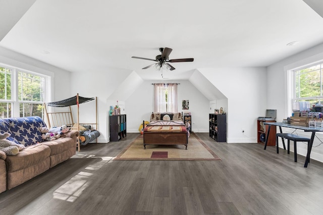 bedroom featuring ceiling fan and dark hardwood / wood-style flooring