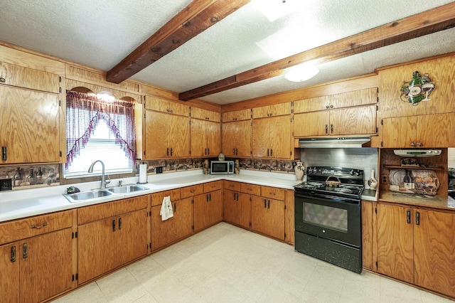 kitchen featuring beamed ceiling, sink, decorative backsplash, electric range, and a textured ceiling