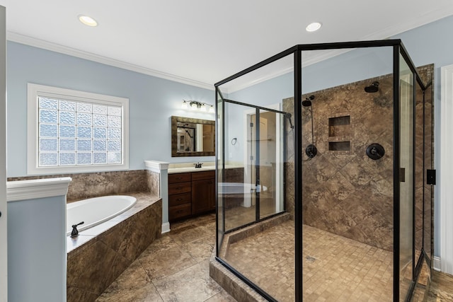 bathroom featuring tile patterned floors, ornamental molding, independent shower and bath, and vanity