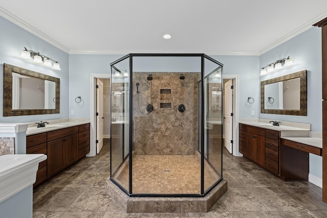 bathroom featuring crown molding, an enclosed shower, and vanity