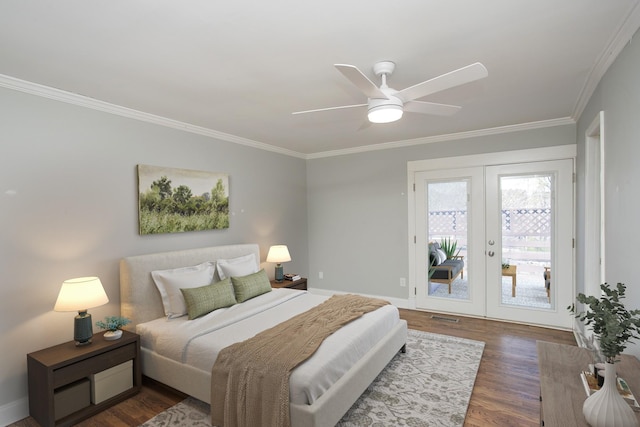 bedroom with french doors, crown molding, dark hardwood / wood-style floors, ceiling fan, and access to exterior