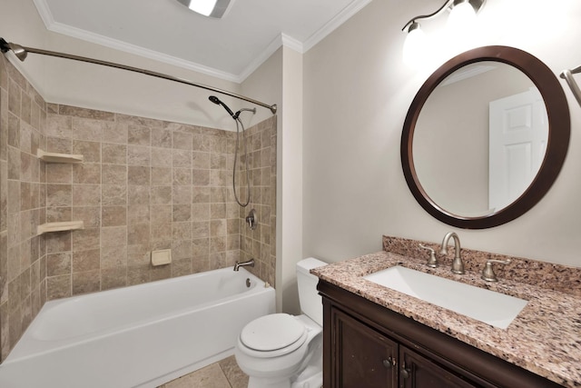 full bathroom featuring ornamental molding, tiled shower / bath, vanity, and toilet