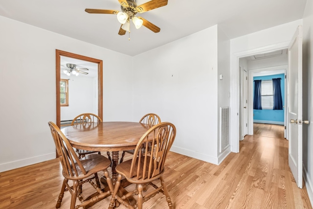 dining area featuring ceiling fan and light hardwood / wood-style floors