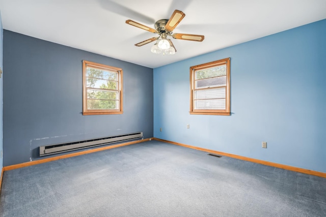 carpeted empty room with ceiling fan and baseboard heating