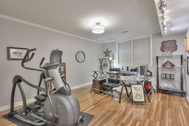 interior space featuring crown molding, light hardwood / wood-style flooring, and rail lighting