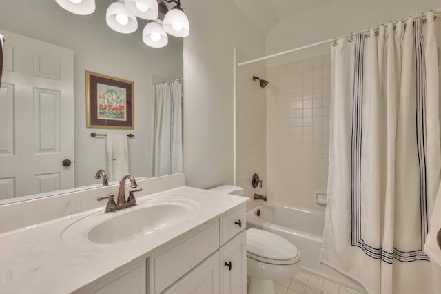 full bathroom with vanity, toilet, tile patterned floors, and shower / bath combo with shower curtain