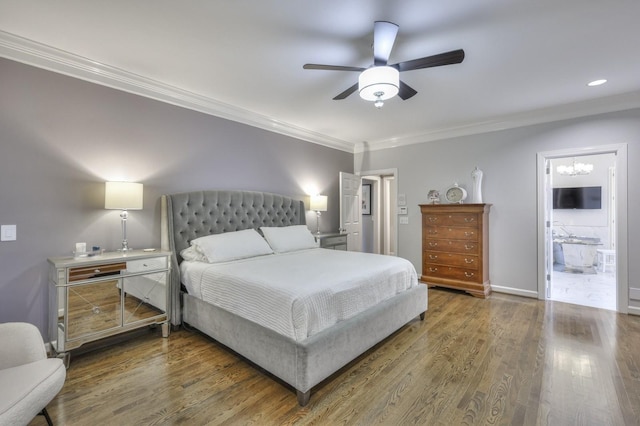 bedroom with dark wood-type flooring, ceiling fan, and ornamental molding