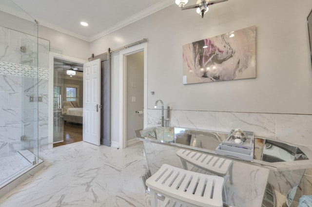 ensuite bathroom with connected bathroom, recessed lighting, marble finish floor, a marble finish shower, and crown molding