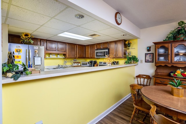 kitchen with sink, a paneled ceiling, stainless steel appliances, dark hardwood / wood-style floors, and kitchen peninsula