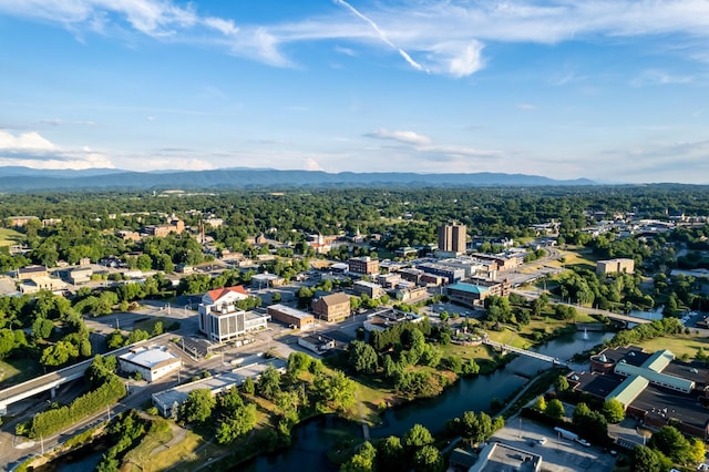 birds eye view of property with a water and mountain view