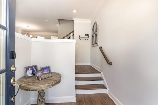 staircase featuring crown molding and wood-type flooring