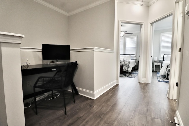 home office featuring crown molding and hardwood / wood-style flooring