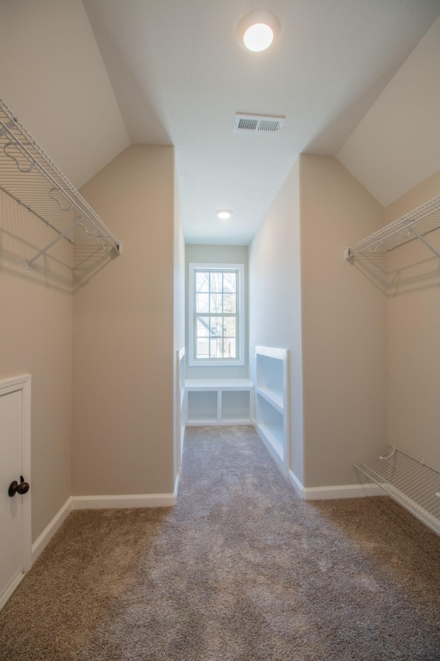 walk in closet featuring vaulted ceiling and carpet floors