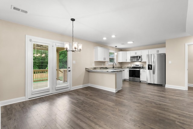 kitchen featuring sink, white cabinetry, hanging light fixtures, appliances with stainless steel finishes, and kitchen peninsula