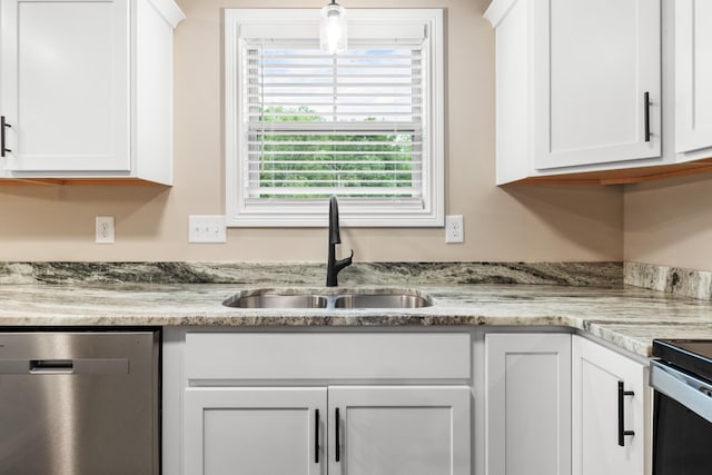 kitchen with sink, stainless steel dishwasher, and white cabinets