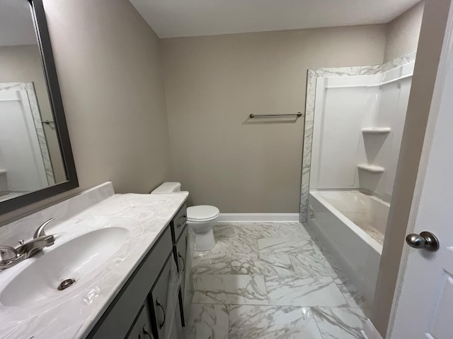 full bathroom with vanity,  shower combination, and toilet