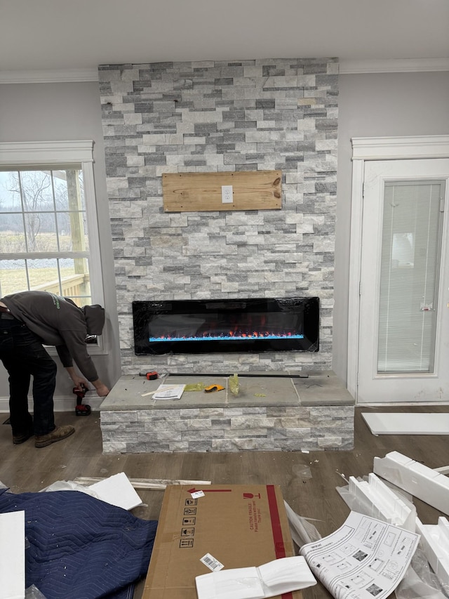 details featuring ornamental molding, a stone fireplace, and hardwood / wood-style floors