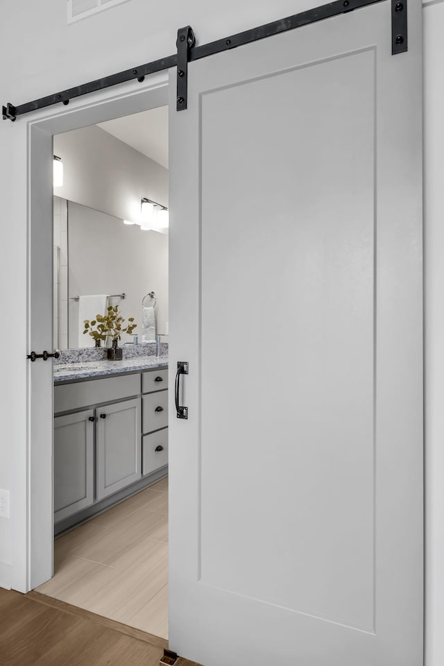 bathroom with vanity and wood-type flooring