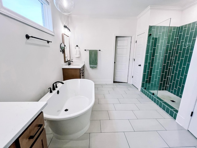 bathroom featuring tile patterned flooring, vanity, separate shower and tub, and ornamental molding