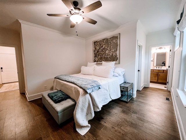 bedroom featuring crown molding, ceiling fan, and dark hardwood / wood-style flooring