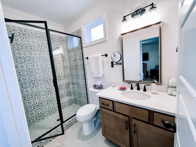 bathroom with tile patterned flooring, vanity, walk in shower, and toilet