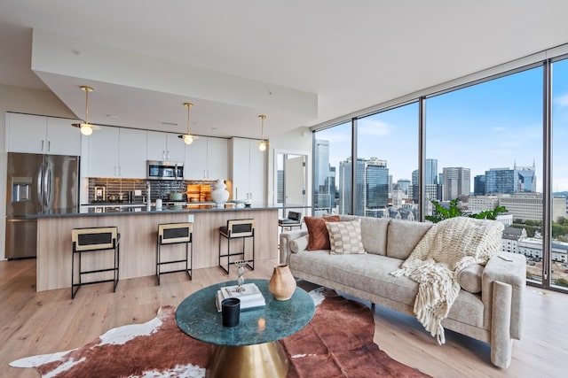 living room featuring light hardwood / wood-style flooring and a wall of windows