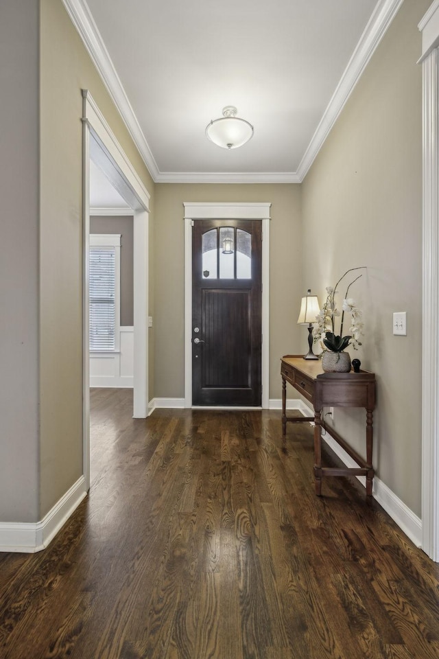 entryway featuring crown molding and dark hardwood / wood-style flooring