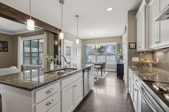 kitchen with sink, white cabinetry, extractor fan, an island with sink, and stainless steel dishwasher