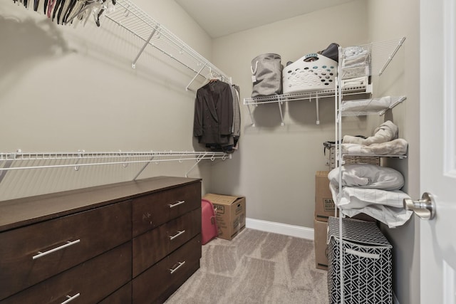 walk in closet with light carpet