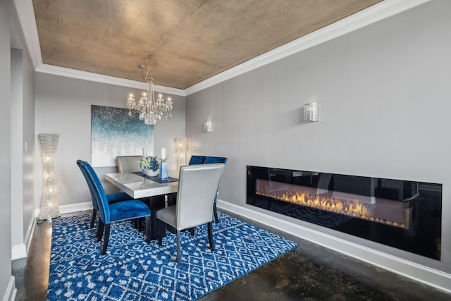 dining space with concrete flooring, crown molding, and a chandelier