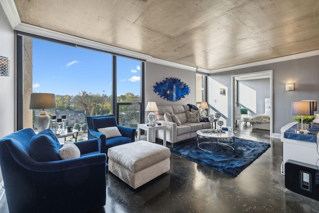 living room featuring expansive windows and ornamental molding